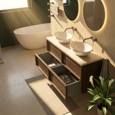 Saniclass Holz Frame Ensemble meuble de salle de bains - 140x45x63cm - Plan de travail en pierre naturelle travertin - sans trou de robinet - 4 tiroirs - chêne charcoal mat (bois)