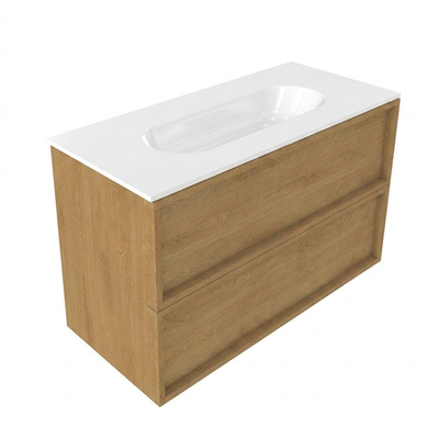 Saniclass Holz Frame Ensemble meuble de salle de bains - 100x45x73.9cm - lavabo en céramique Chaci blanc - 1 vasque - 1 trou de robinet - 2 tiroirs - chêne natural mat (bois)