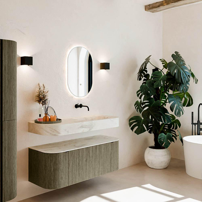 MONDIAZ THOR-DLUX 120cm meuble de salle de bains arrondi gauche + droite couleur Shadow avec 1 tiroir et 2 portes. Vasque suspendue CLOUD Droite sans trou de robinet couleur Ostra.