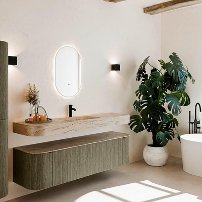 MONDIAZ THOR-DLUX 170cm meuble de salle de bains arrondi gauche + droite couleur Shadow avec 1 tiroir et 2 portes. Vasque suspendue CLOUD Milieu 1 trou de robinet couleur Arena.