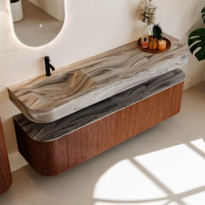 MONDIAZ THOR-DLUX 170cm meuble de salle de bains arrondi gauche + droite couleur Ruby avec 1 tiroir et 2 portes. Vasque suspendue CLOUD Gauche 1 trou de robinet couleur Sombra.