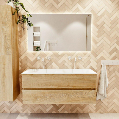 MONDIAZ VICA meuble sous lavabo 120cm Chêne blanchi 2 tiroirs. Lavabo CLOUD double 2 trous de robinet, couleur Talc.