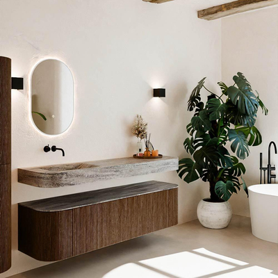 MONDIAZ THOR-DLUX Meuble de salle de bains 170cm arrondi gauche + droite couleur Walnut avec 1 tiroir et 2 portes. Vasque suspendue CLOUD Gauche sans trou de robinet couleur Oza.