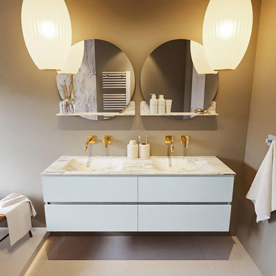 Mondiaz VICA-DLUX ensemble de meuble de salle de bain - 150cm - meuble sous-vasque argile - 4 tiroirs - lavabo encastré nuage double - sans trous de robinet - version haute de 60cm - glace