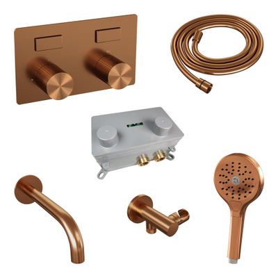 BRAUER Stripe Thermostatische Badkraan - drukknoppen - SET 04 - inbouw - uitloop - 3-standen handdouche - doucheslang - wandaansluitbocht - koper geborsteld PVD