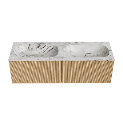 MONDIAZ KURVE-DLUX Meuble de salle de bains 140cm couleur Oak avec 2 tiroirs. Lavabo STOR SMALL double 2 trous de robinet couleur Glace.