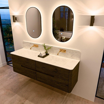 Mondiaz CIRO-DLUX Badkamermeubelset - 160x45x50cm - Solid surface wastafel Opalo - 2 wasbak Dubbel - zonder kraangaten - 4 lades - Shadow
