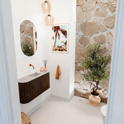 Mondiaz JOYA-DLUX 83.2cm toiletmeubel - ronding links en rechts kleur Walnut - Wastafel FAYE positie Midden Zonder kraangat kleur Glace.