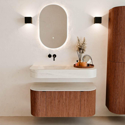 MONDIAZ THOR-DLUX 100cm meuble de salle de bains arrondi gauche + droite couleur Ruby avec 1 tiroir et 2 portes. Vasque suspendue CLOUD Gauche sans trou de robinet couleur Meli.