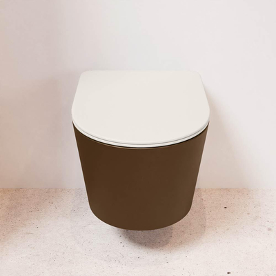 Mondiaz LAVIE hangtoilet – spoelrandloos – 36 x 53 cm – met softclose zitting – Rust (bruin), zitting Linen (offwhite)