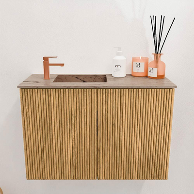 Mondiaz JOYA-DLUX 60cm toiletmeubel - kleur Oak - Wastafel FAYE positie Links 1 kraangat kleur Arena.