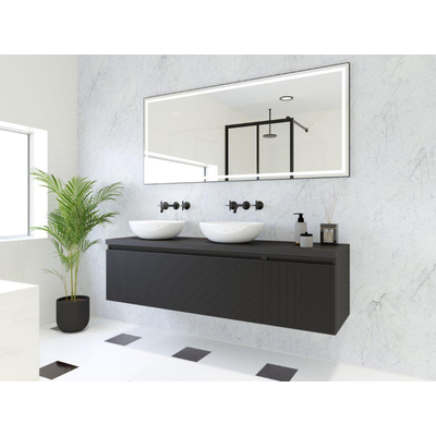HR Matrix ensemble de meubles de salle de bain 3d 160cm 2 tiroirs sans poignée avec bandeau de poignée et placard latéral en couleur noir mat