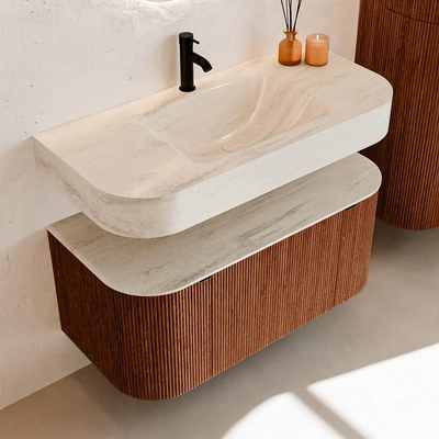 MONDIAZ THOR-DLUX 100cm meuble de salle de bains arrondi gauche + droite couleur Ruby avec 1 tiroir et 2 portes. Vasque suspendue CLOUD Milieu 1 trou de robinet couleur Meli.