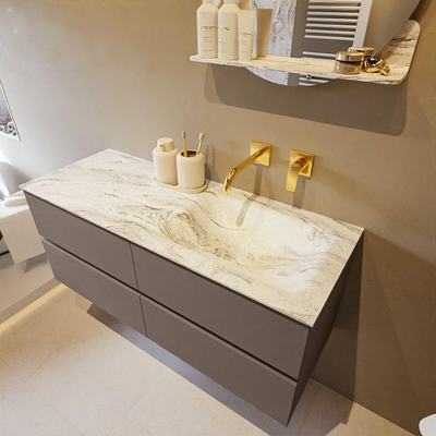 Mondiaz VICA-DLUX ensemble de meuble de salle de bain - 120cm - meuble sous-vasque fumée - 4 tiroirs - lavabo encastré nuage droite - sans trous de robinet - version haute 60cm - glace