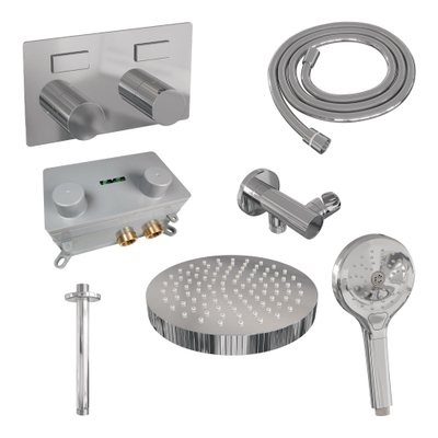BRAUER Stripe Thermostatische Inbouw Regendouche - drukknoppen - SET 30 - 25cm douchekop - plafondarm - 3-standen handdouche - doucheslang - wandaansluitbocht - chroom