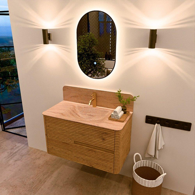 Mondiaz CIRO-DLUX Meuble de salle de bains - 90x45x50cm - Lavabo en solid surface Saba - 1 vasque au milieu - 1 trou de robinet - 2 tiroirs - Chêne