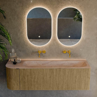 MONDIAZ KURVE-DLUX Meuble de salle de bains 145cm arrondi à gauche couleur Dusk avec 1 tiroir et 1 porte. Lavabo BIG LARGE à droite sans trou de robinet Saba.