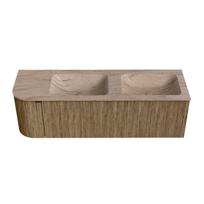 MONDIAZ KURVE-DLUX 145cm badmeubel ronding Links kleur Dusk met 1 lade en 1 deur. Wastafel LEAF Dubbel / Rechts 2 kraangaten Saba.
