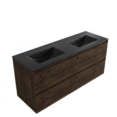 Saniclass Holz Pure Ensemble de meubles de salle de bains - 140x45x62cm - lavabo Vygo en céramique noir - 2 vasques - sans trous de robinet - 4 tiroirs - chêne charcoal mat (bois)