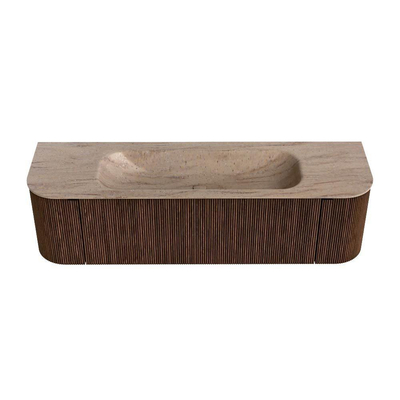 MONDIAZ KURVE-DLUX Meuble de salle de bains 160cm arrondi Gauche + Droit couleur Walnut avec 1 tiroir et 2 portes. Lavabo BIG MEDIUM Central sans trou de robinet Saba.
