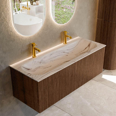 MONDIAZ KURVE-DLUX 120cm badmeubel kleur Walnut met 1 lade en 0 deuren. Wastafel BIG LARGE Midden 2 kraangaten Nata.