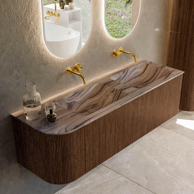 MONDIAZ KURVE-DLUX 145cm badmeubel ronding Links kleur Walnut met 1 lade en 1 deur. Wastafel LEAF Dubbel / Rechts zonder kraangat Sombra.