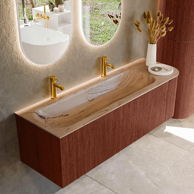 MONDIAZ KURVE-DLUX Meuble de salle de bains 145 cm arrondi à droite couleur Ruby avec 1 tiroir et 1 porte. Lavabo BIG LARGE à gauche 2 trous de robinet Arena.