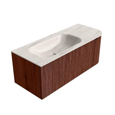 MONDIAZ KURVE-DLUX Meuble de salle de bains 115cm arrondi à droite couleur Ruby avec 1 tiroir et 1 porte. Lavabo BIG SMALL gauche sans trou de robinet Meli.
