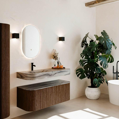 MONDIAZ THOR-DLUX 120cm badmeubel ronding links + rechts kleur Walnut met 1 lade en 2 deuren. Vrijhangende wastafel CLOUD Links 1 kraangat kleur Sombra.