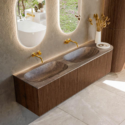 MONDIAZ KURVE-DLUX meuble de salle de bains 165cm arrondi à droite couleur Walnut avec 2 tiroirs et 1 porte. Lavabo STOR SMALL double / gauche sans trou de robinet Oza.