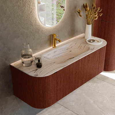 MONDIAZ KURVE-DLUX 130cm badmeubel ronding Links + Rechts kleur Ruby met 1 lade en 2 deuren. Wastafel BIG SMALL Midden 1 kraangat Nata.