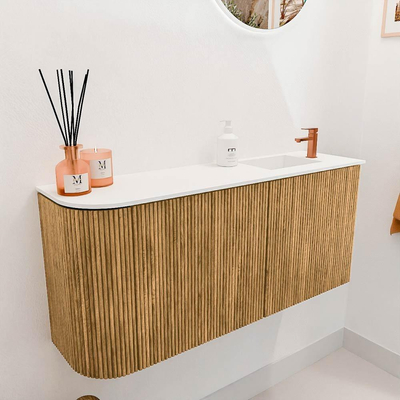 Mondiaz JOYA 91.6cm toiletmeubel - ronding links kleur Oak - Wastafel FAYE positie Rechts 1 kraangat kleur Talc.