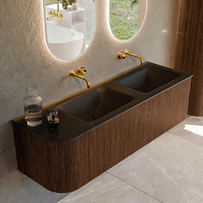 MONDIAZ KURVE 145cm badmeubel met module 25 L kleur Walnut met 1 lade en 1 deur. Wastafel CLOUD dubbel / rechts zonder kraangat Urban.