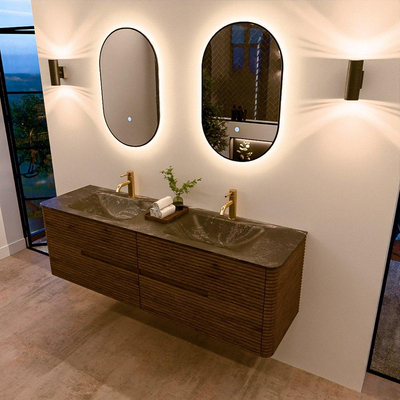 Mondiaz CIRO-DLUX Badkamermeubelset - 160x45x50cm - Solid surface wastafel Lava - 2 wasbak Dubbel - 2 kraangaten - 4 lades - Dusk