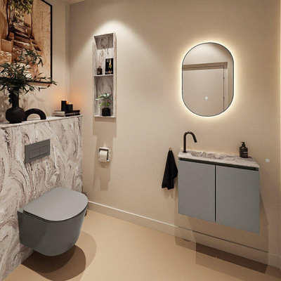 MONDIAZ TURE-DLUX Meuble toilette - 60cm - Smoke - EDEN - vasque Glace - position gauche - 1 trou de robinet