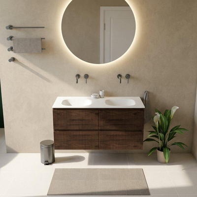 Saniclass Holz Atelier Ensemble meuble de salle de bains - 120x45x61.5cm - Flow lavabo en solid surface blanc - 2 vasques - sans trous de robinetterie - 2 tiroirs - chêne charcoal mat (bois)