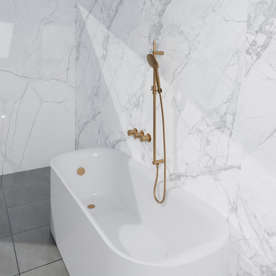 Fortifura Nebbio Badcombinatie-set - thermostaatkraan - glijstang met geïntegreerde wandaansluitbocht - metalen doucheslang - ronde handdouche - badvulcombinatie - geborsteld messing PVD (goud)