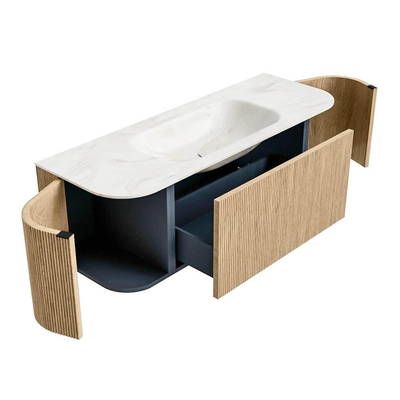 MONDIAZ KURVE-DLUX Meuble de salle de bains 130 cm avec module 25 Len R couleur Oak avec 1 tiroir et 2 portes. Lavabo BIG SMALL central 1 trou de robinet couleur Ostra.