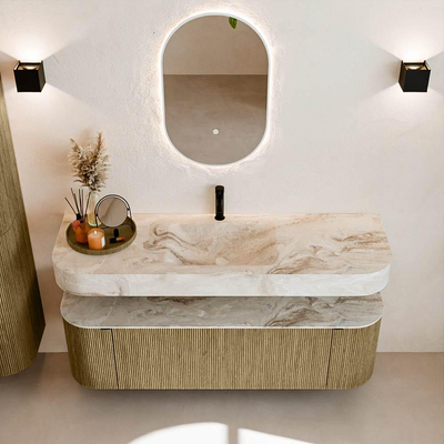 MONDIAZ THOR-DLUX 150cm meuble de salle de bains arrondi gauche + droite couleur Dusk avec 1 tiroir et 2 portes. Vasque suspendue CLOUD Milieu 1 trou de robinet couleur Frappe.