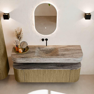 MONDIAZ THOR-DLUX 150cm badmeubel ronding links + rechts kleur Dusk met 1 lade en 2 deuren. Vrijhangende wastafel CLOUD Midden zonder kraangat kleur Oza.