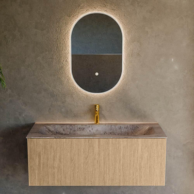 MONDIAZ KURVE-DLUX Meuble de salle de bains 110 cm couleur Oak avec 1 tiroir et 0 porte. Lavabo BIG MEDIUM Centre 1 trou de robinet Oza.