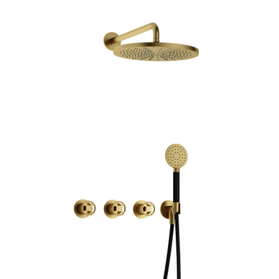 Hotbath Cobber IBSW70 Ensemble de douche de tête encastré - bras mural 38,5 cm - pomme de tête ronde 30 cm - douchette 3 jets - Laiton brossé PVD