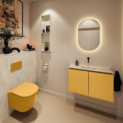 MONDIAZ TURE-DLUX meuble WC 80 cm Ocher. EDEN vasque Ostra position milieu. Sans trou de robinet.