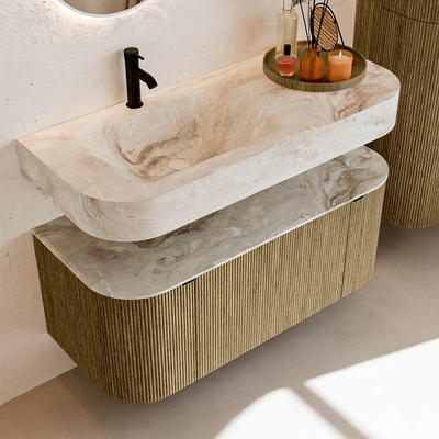 MONDIAZ THOR-DLUX Meuble de salle de bains 110cm arrondi gauche + droite couleur Dusk avec 1 tiroir et 2 portes. Vasque suspendue CLOUD Gauche 1 trou de robinet couleur Frappe.