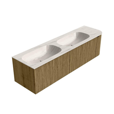 MONDIAZ KURVE-DLUX Meuble de salle de bains 165cm arrondi Droite couleur Dusk avec 2 tiroirs et 1 porte. Lavabo STOR SMALL Double / Gauche 2 trous de robinet Meli.