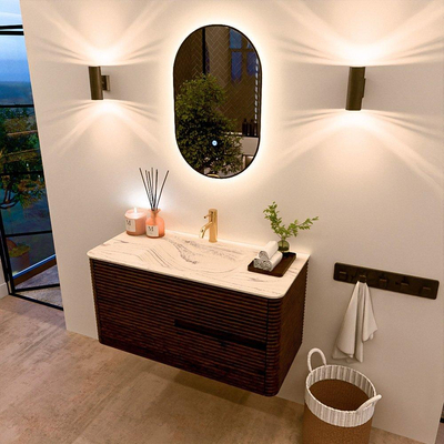 Mondiaz CIRO-DLUX Badkamermeubelset - 100x45x50cm - Solid surface wastafel Nata - 1 wasbak Midden - 1 kraangat - 2 lades - Walnut