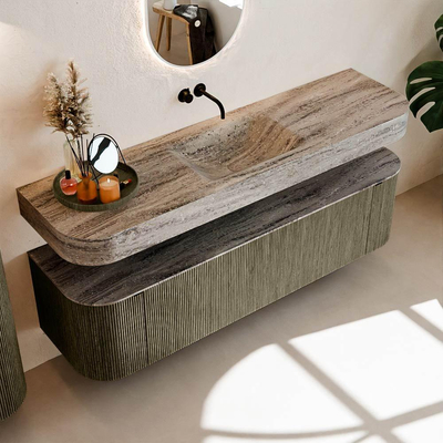 MONDIAZ THOR-DLUX 170cm meuble de salle de bains arrondi gauche + droite couleur Shadow avec 1 tiroir et 2 portes. Vasque suspendue CLOUD Milieu sans trou de robinet couleur Oza.