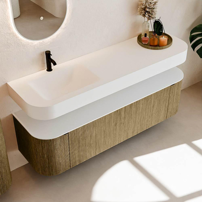 MONDIAZ THOR 160cm meuble de salle de bains arrondi gauche + droite couleur Dusk avec 1 tiroir et 2 portes. Vasque suspendue CLOUD gauche 1 trou de robinet couleur Talc.