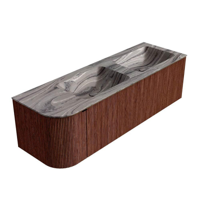 MONDIAZ KURVE-DLUX Meuble de salle de bains 145cm arrondi à gauche couleur Ruby avec 1 tiroir et 1 porte. Lavabo LEAF Double / Droite 2 trous de robinet Sombra.