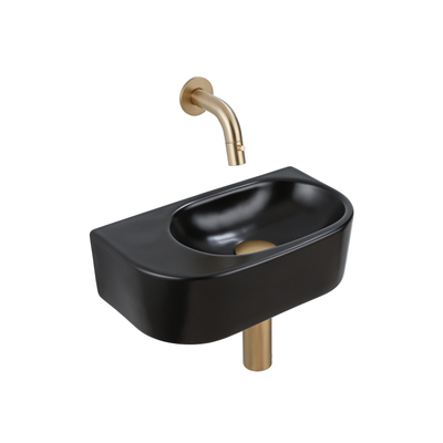 QeramiQ Fuente Ensemble de Lavabo - 40x21.5x12cm - lisse - demi-rond - céramique - ensemble de robinet en laiton brossé - bouchon de vidange - siphon abaissé - noir mat